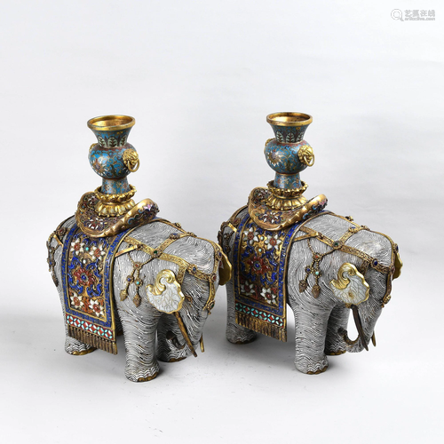 A PAIR OF CLOISONNE ENAMEL BRONZE ELEPHANT …