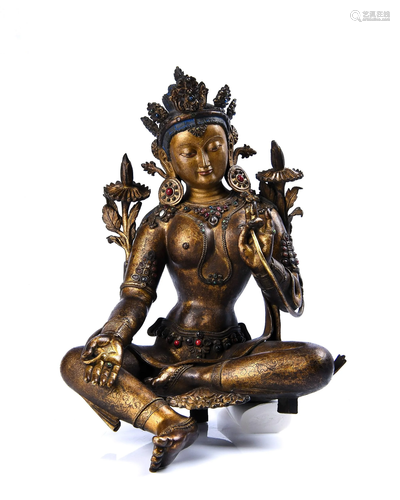 A LARGE OF GEM'S INLAID GILT-BRONZE TARA.MI…