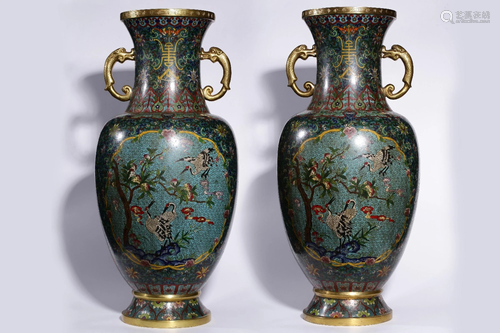 A PAIR OF CLOISONNE ENAMEL VASES.MARK OF YU…