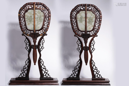 A PAIR OF JADE INLAID ROSE WOOD ***** SCREENS…