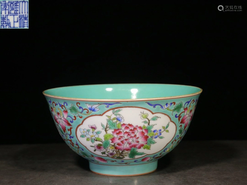 A TURQUOISE-GROUND FAMILLE-ROSE BOWL.MARK O…