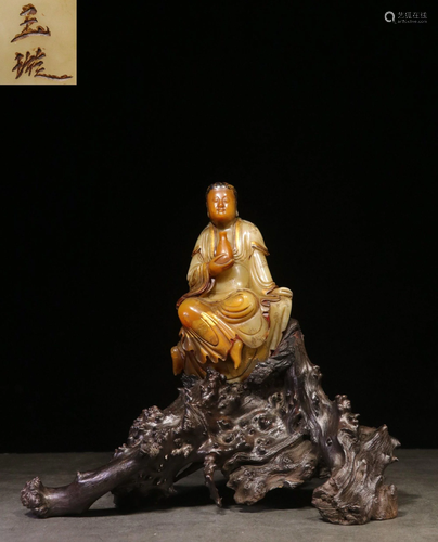 A CARVED SOAPSTONE GUANYIN.REPUBLIC PERIOD