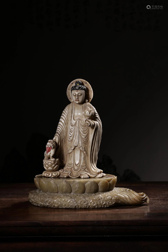 A CARVED SOAPSTONE GUANYIN.QING PERIOD