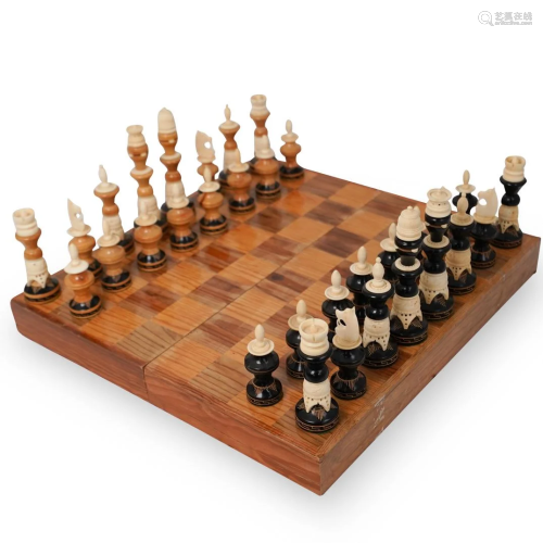 Antique Bone Mounted Wood Chess Set