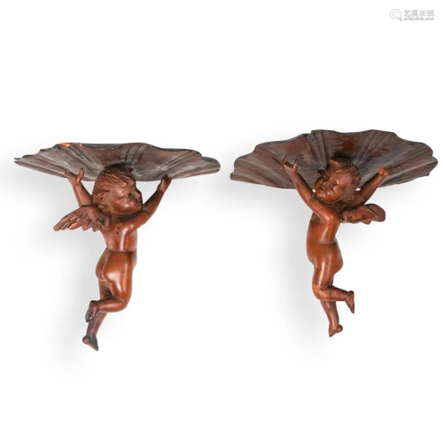 Pair Of Carved Putti Wall Brackets