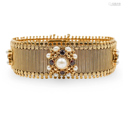 Vintage 18K Gold Mechanical Pearl & Ruby Brac…