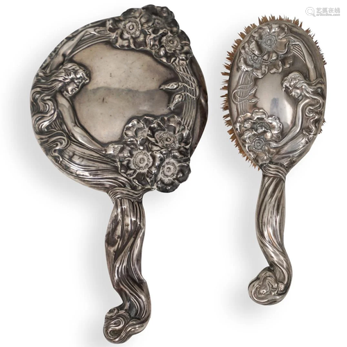 Art Nouveau Silver Hair Brush & Mirror Set