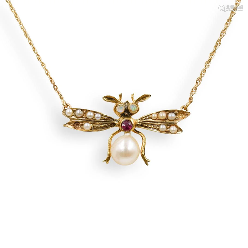 Vintage 14K Gold & Pearl Bee Necklace