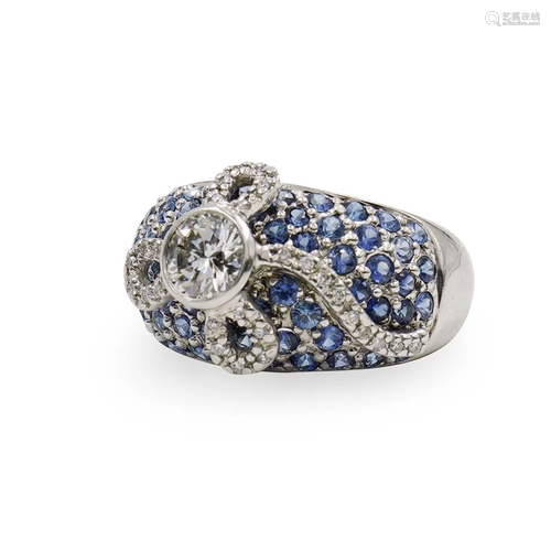 14K White Gold Diamond Sapphire Ribbon Ring