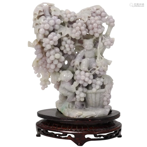 Chinese Hand Carved Jadeite Lavender Figural Group