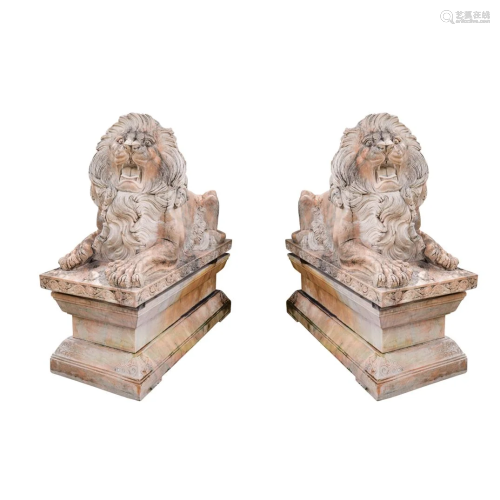 Pair of Monumental Italian Marble Recumbent Lions