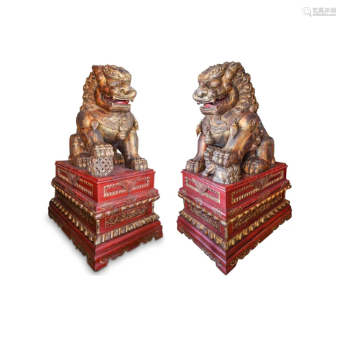 Pair Of Monumental Chinese Carved Wooden Foo …