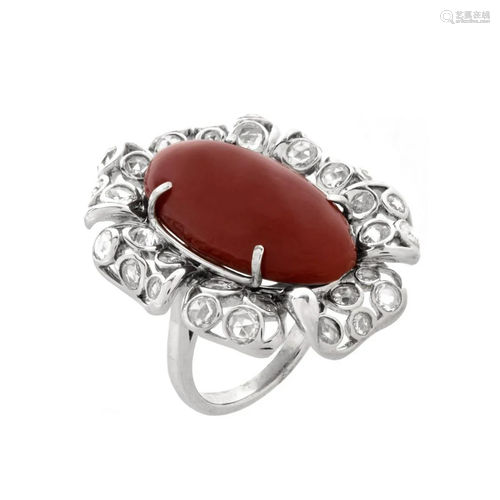 Diamond, Coral and 18K Ring