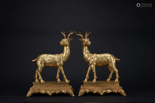 Qing dynasty gilt bronze deer 1*pair