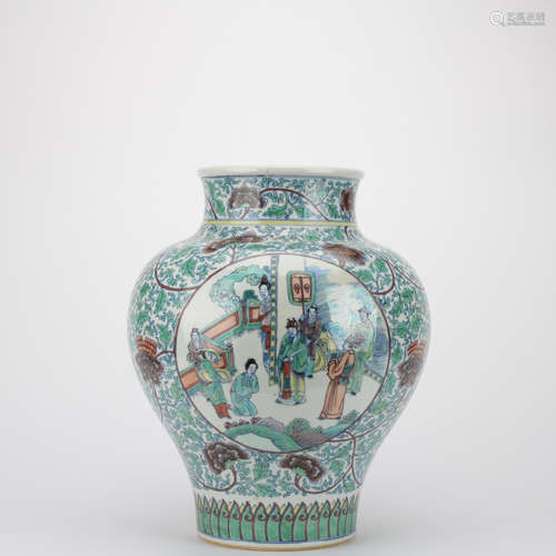 Qing dynasty famille rose jar with flowers and figure pattern