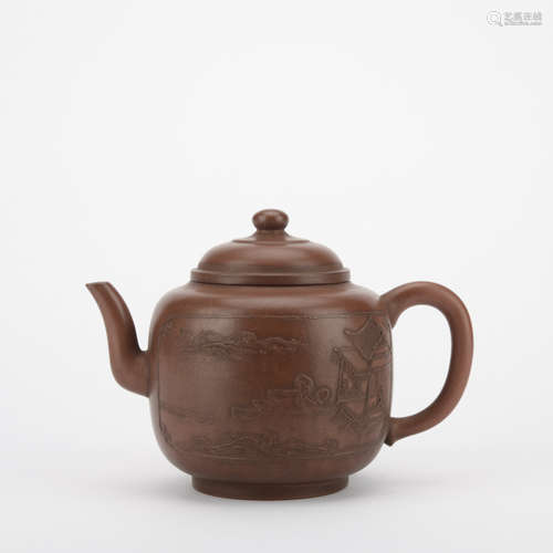 Qing dynasty dark-red enameled pottery teapot