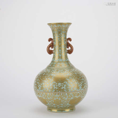 Qing dynasty lavender grey glaze inlaid with gold bottle with flowers pattern