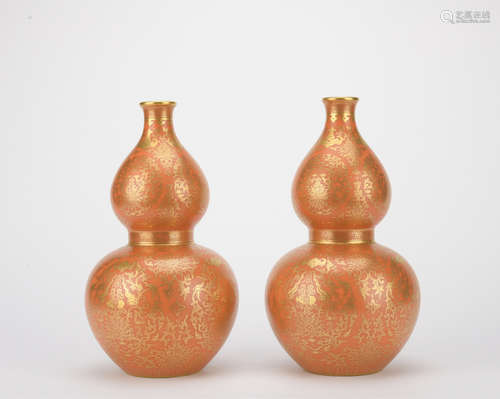 Qing dynasty cinnabar inlaid with gold gourd 1*pair