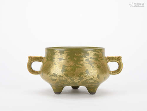 Qing dynasty tea-dust glaze inlaid with gold incense burner