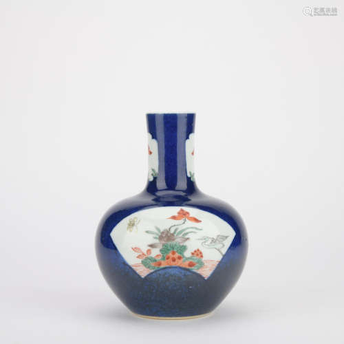 Qing dynasty blue glaze celestial bottle with flowers and birds pattern