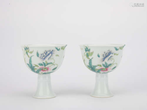 Qing dynasty famille rose wine cup with flowers pattern 1*pair