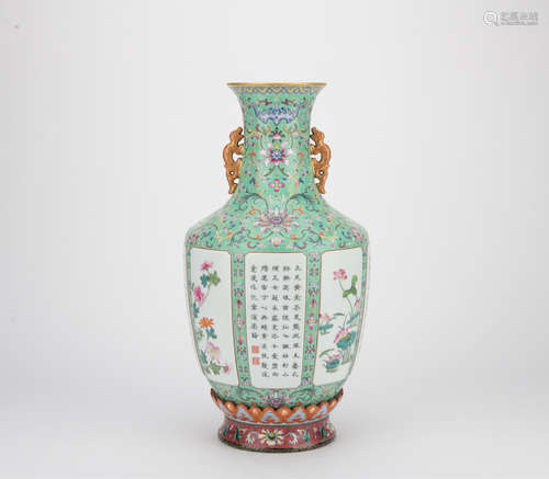 Qing dynasty famille rose bottle with flowers and poems pattern