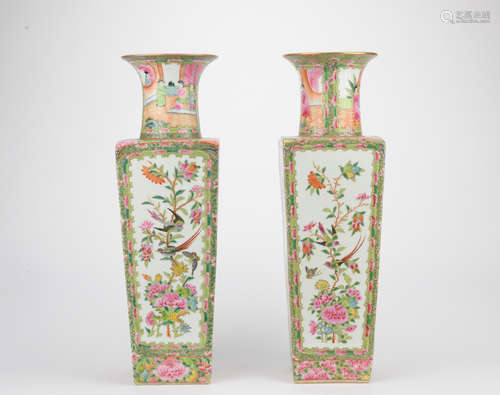 Qing dynasty famille rose bottle with flowers and figure pattern 1*pair