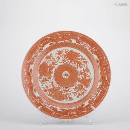 Qing dynasty allite red plate with flowers pattern