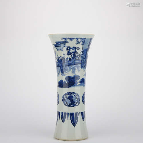 Qing dynasty blue and white flower goblet with figure pattern