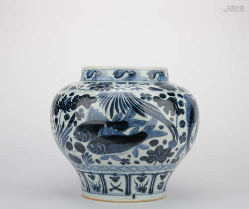 Ming dynasty blue and white jar with fish and waterweeds pattern