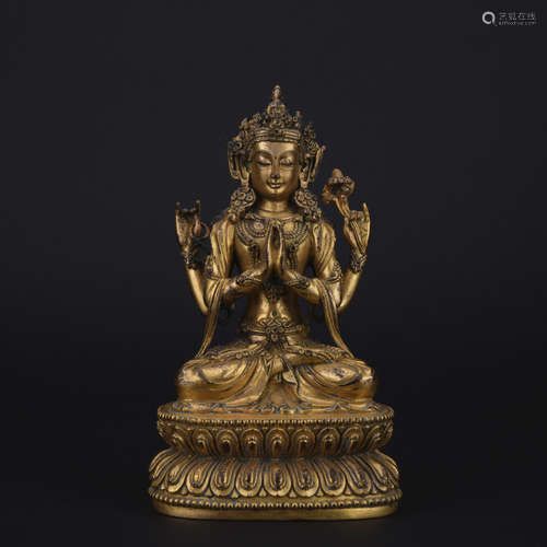 Qing dynasty gilt bronze statue of Four-armed Gwan Yin