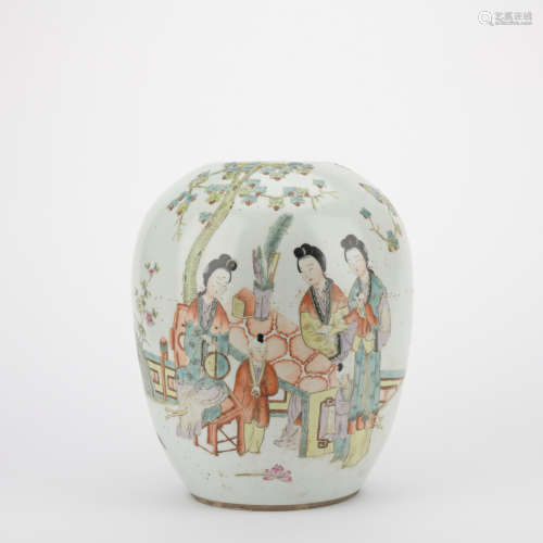 Qing dynasty multicolored glaze jar with figure and poem pattern