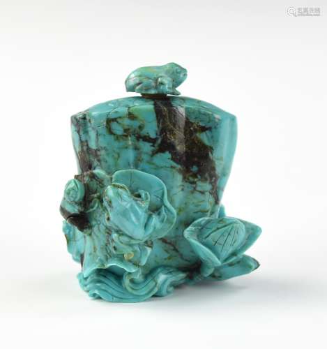 Chinese Turquoise Snuff Bottle w/ Lotus& Frog