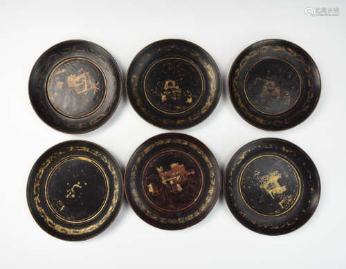 Set of 6 Chinese Gilt Lacquer Plate, Qing Dynasty