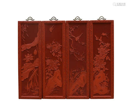 Set of 4 Chinese Lacquer Panels w/ Birds & Flower