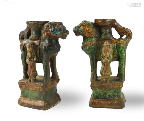 Pair of Chinese Sancai Glaze Candlestick, Ming D.