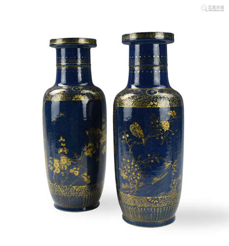 Pair of Chinese Gilt Powder Blue Glaze Vase,19th C