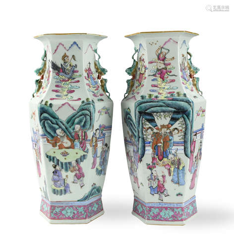 Pair of Chinese Famille Rose Hexagonal Vase,19th C