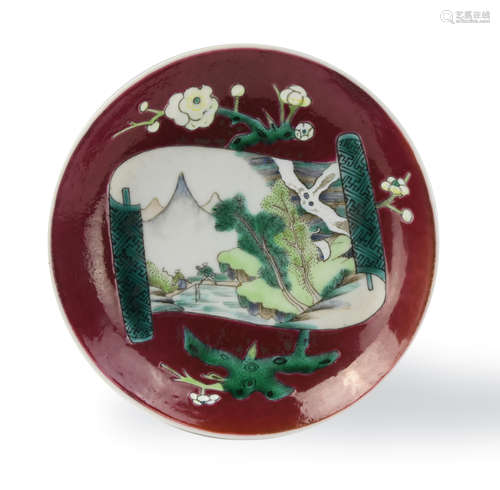 Chinese Carmin Ground Famille Rose Dish, 18th C.