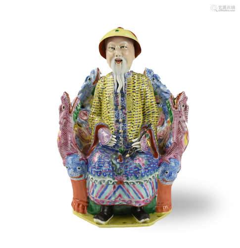 Famille Rose Emperor Figure On Dragon Throne