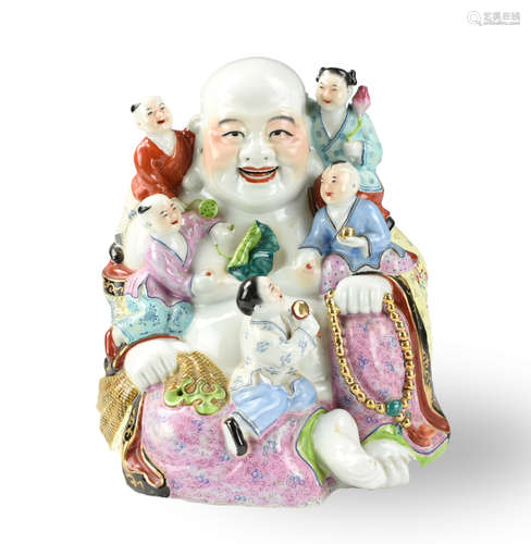 Chinese Famille Rose Buddha Statue w/Children