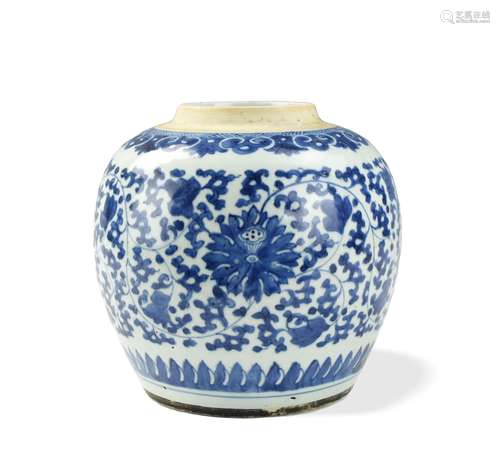 Chinese Blue & White Jar w/ Lotus, 18th C.