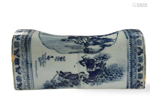 Chinese Blue & White Porcelain Pillow w/ Landscape