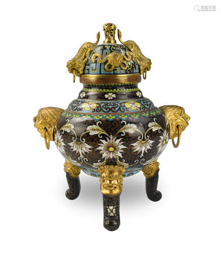 Chinese Cloisonne Covered Tripod Censer