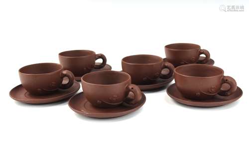 Group of 6 Sets Yixing Zisha Tea Cups and Plates