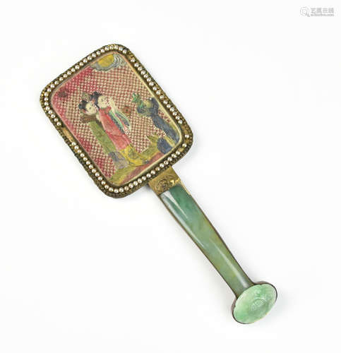 Chinese Hand Mirror w/ Pearl & Jadeite Handle