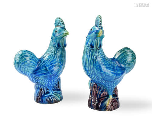 Pair of Turqouise Glazed Cockerels Figure,20th C.