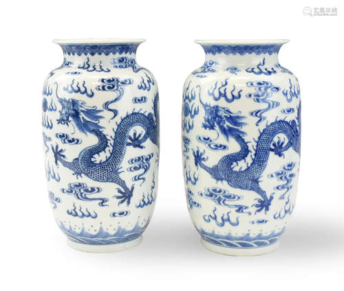 Pair of Chinese Blue& White Dragon Vases,20th C.