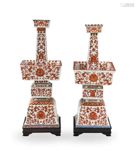 Pair of Chinese iron red Candle Stand, 19th C.