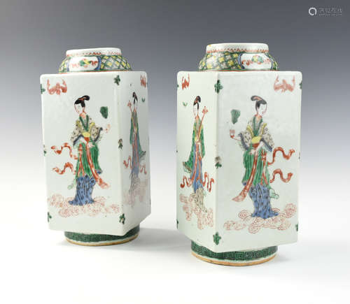 Pair of Chinese Famille Verte Square Vase ,19th C.